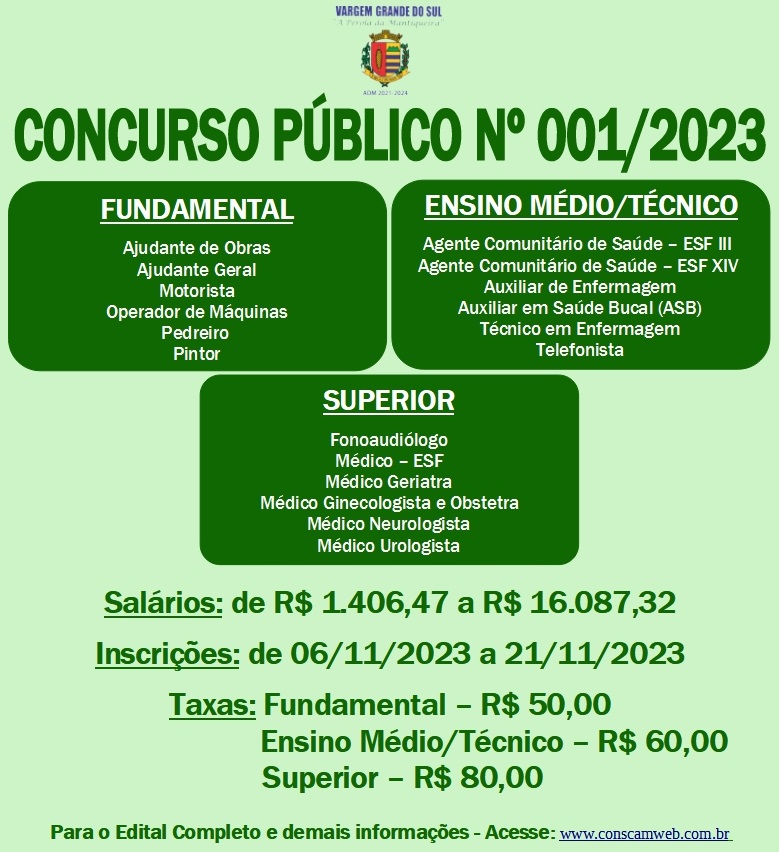 A PREFEITURA PUBLICOU EDITAL DE CONCURSO PÚBLICO PARA DIVERSOS CARGOS