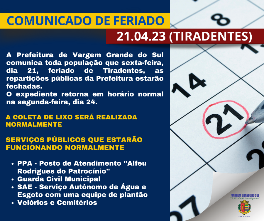 COMUNICADO FERIADO DE TIRADENTES (21.04.2023)