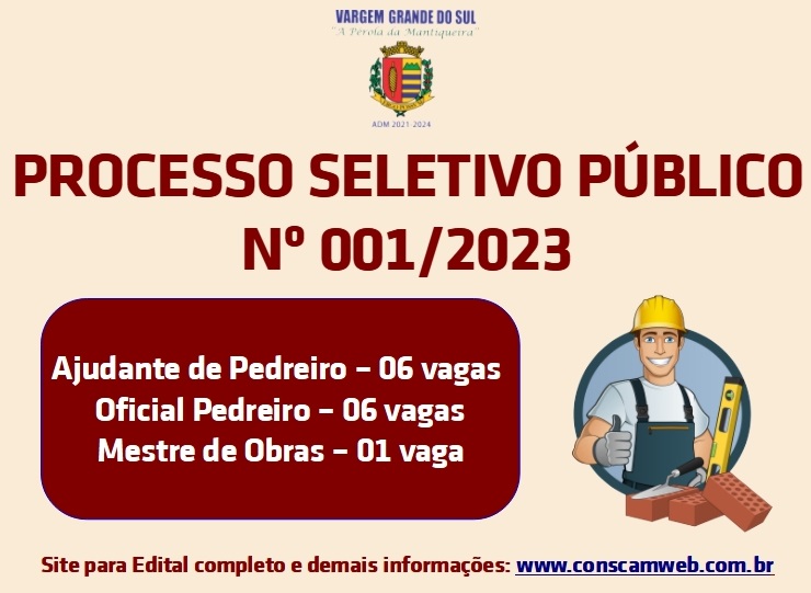 O LOCAL DE PROVA DO PROCESSO SELETIVO Nº 001/2023 PARA PEDREIROS FOI DIVULGADO