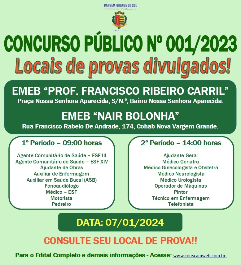 AS PROVAS OBJETIVAS DO CONCURSO PÚBLICO Nº 001/2023 SERÃO NO PRÓXIMO DOMINGO