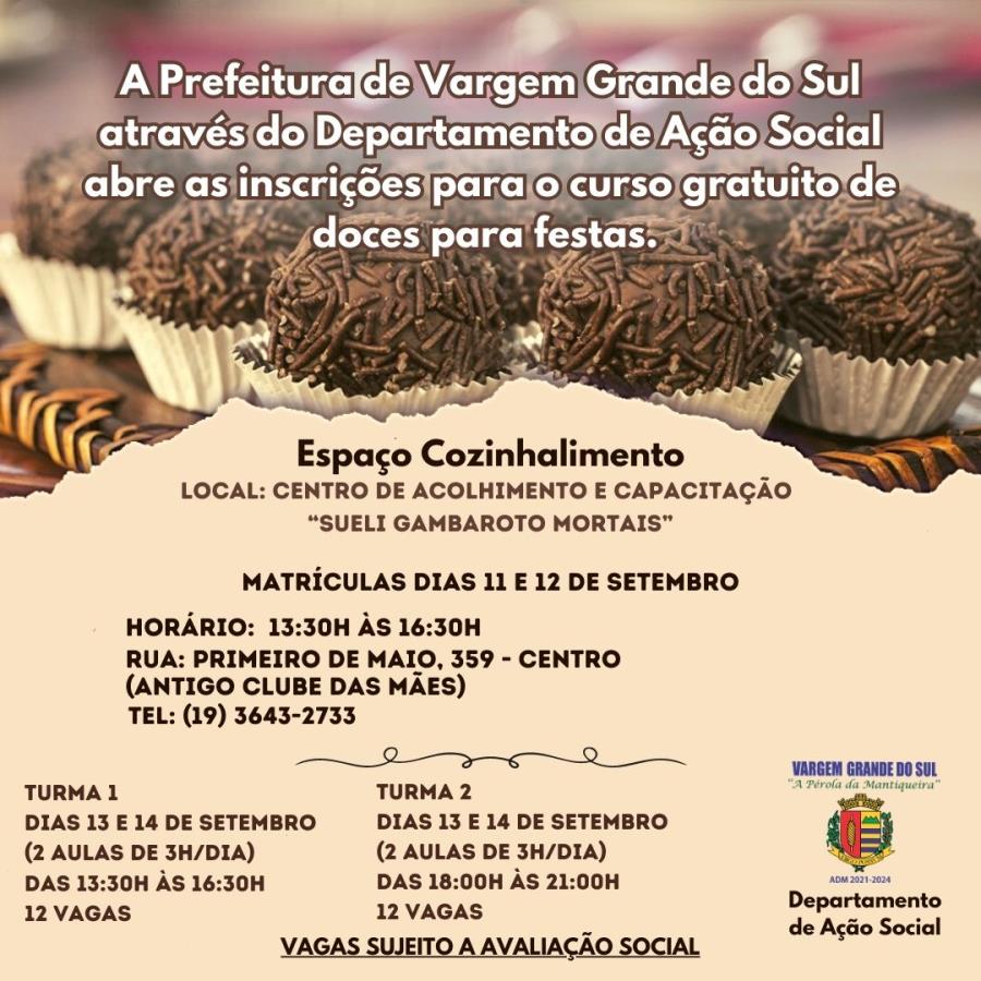 PREFEITURA VAI ABRIR INSCRIÇÕES PARA CURSO GRATUITO DE DOCES PARA FESTA