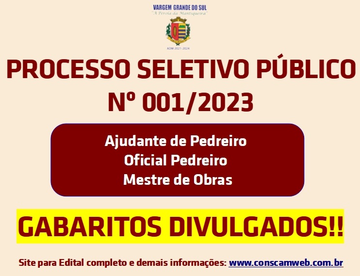 OS GABARITOS DAS PROVAS DO PROCESSO SELETIVO PARA PEDREIROS FORAM DIVULGADOS