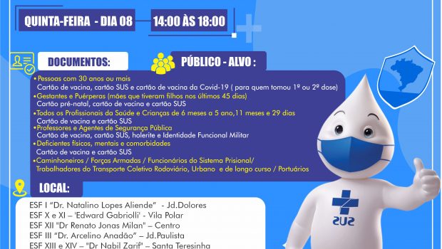 AMANHÃ (08) VACINAÇÃO CONTRA A GRIPE H1N1 PARA PESSOAS DE 30 ANOS OU MAIS E GRUPOS PRIORITÁRIOS