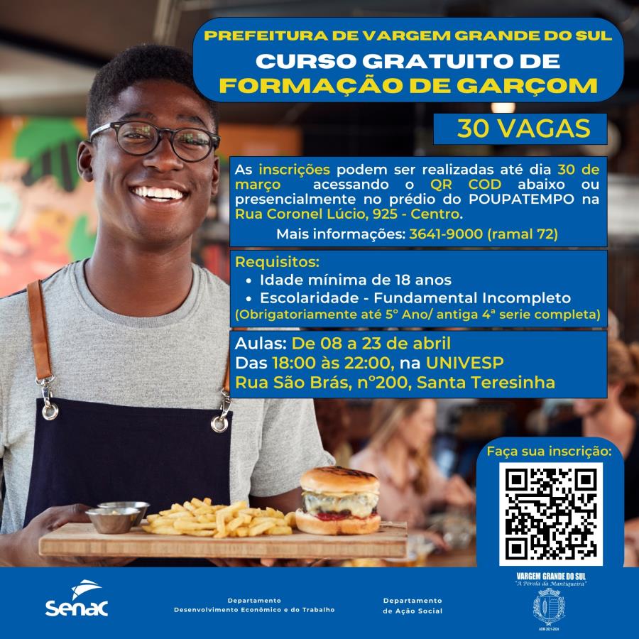 INSCRIÇÕES DO CURSO GRATUITO DE GARÇOM VÃO ATÉ 30 DE MARÇO