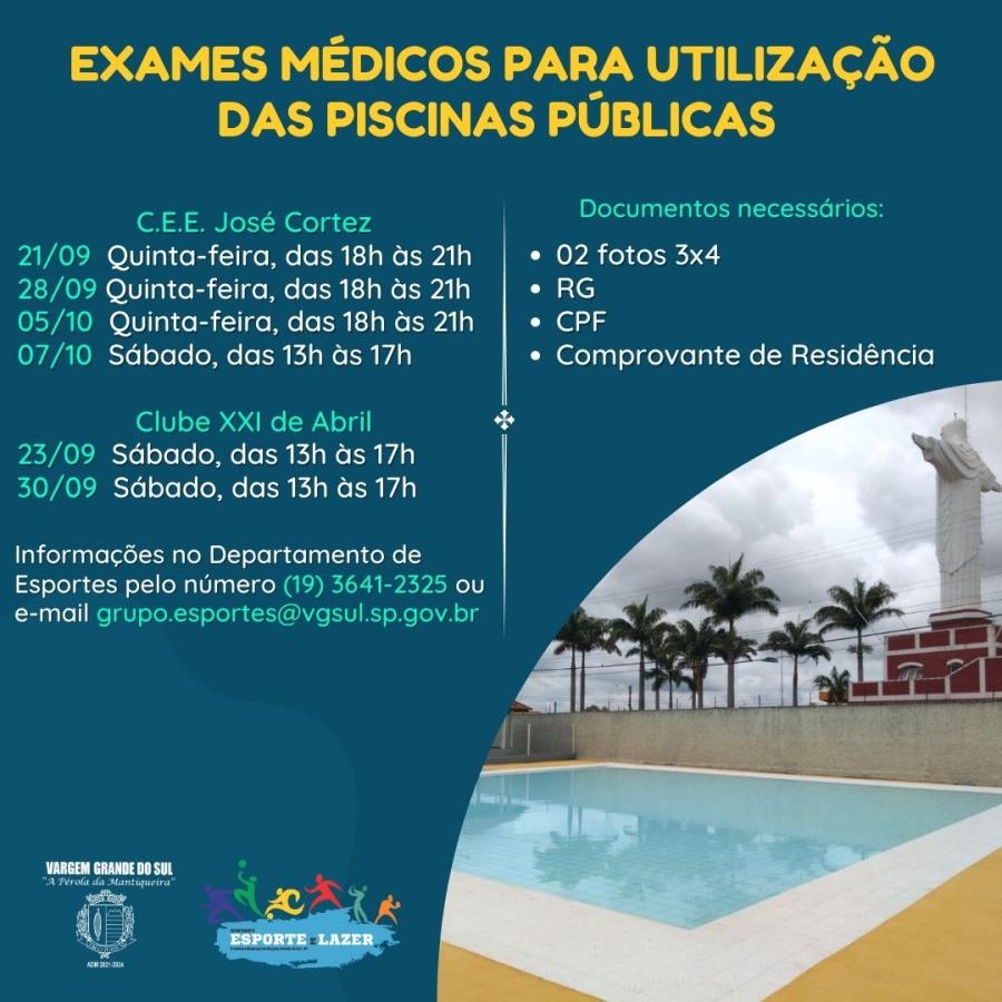 COMEÇAM OS EXAMES MÉDICOS PARA UTILIZAÇÃO DAS PISCINAS PÚBLICAS