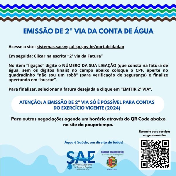 SAE OFERECE IMPRESSÃO DA 2ª VIA DA CONTA DE ÁGUA DE FORMA ONLINE