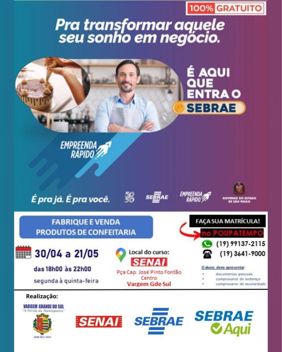 CURSO GRATUITO DE FABRICAÇÃO E VENDA DE PRODUTOS DE CONFEITARIA