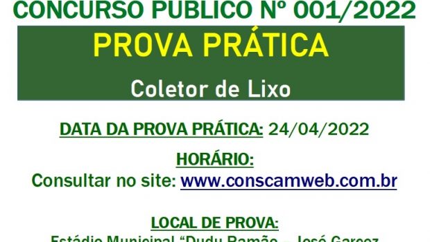 A PROVA PRÁTICA DO CONCURSO PÚBLICO Nº 001/2022 SERÁ DO PRÓXIMO DOMINGO