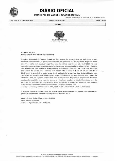 APREENSÃO DE ANIMAL DE GRANDE PORTE