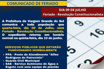 COMUNICADO DE FERIADO - REVOLUÇÃO CONSTITUCIONALISTA