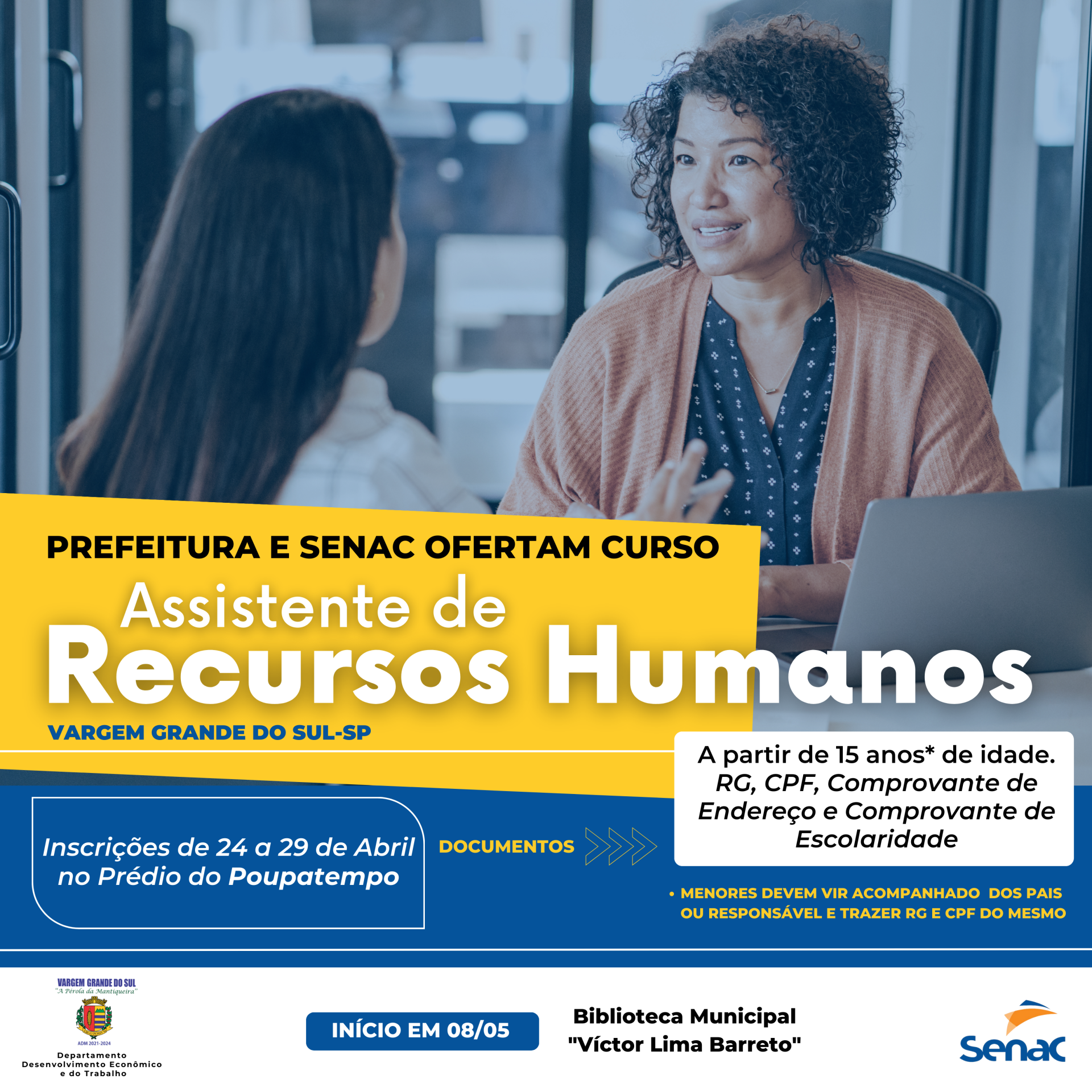 SEGUNDA-FEIRA (24) INICIA AS INSCRIÇÕES PARA O CURSO DE ASSISTENTE DE RECURSOS HUMANOS