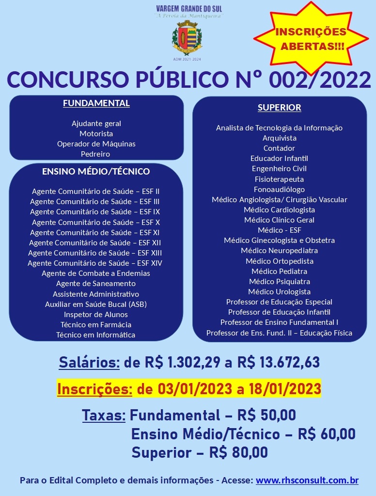 ÚLTIMOS DIAS PARA INSCRIÇÕES DO CONCURSO PÚBLICO Nº 002/2022 PROMOVIDO PELA PREFEITURA