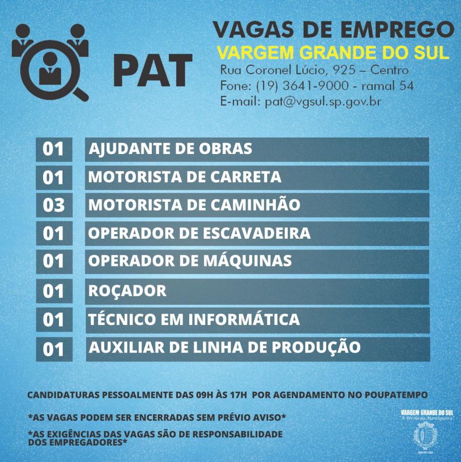 VAGAS DE EMPREGO NO PAT