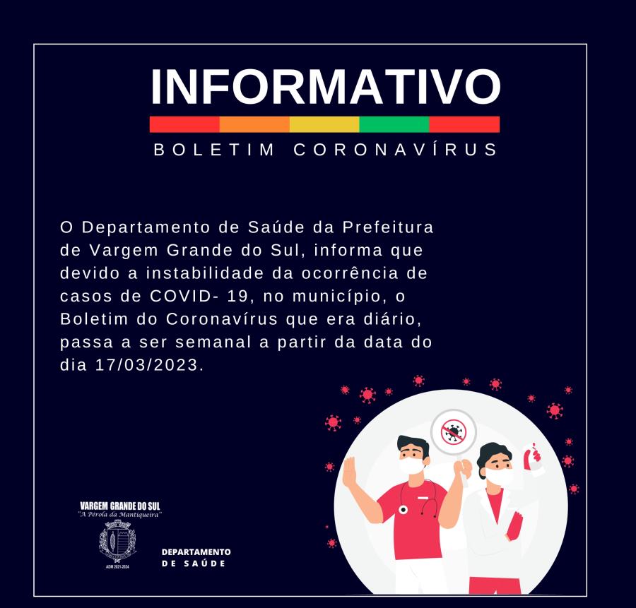 DEPARTAMENTO DE SAÚDE INFORMA QUE O BOLETIM DO CORONAVÍRUS PASSA A SER SEMANAL