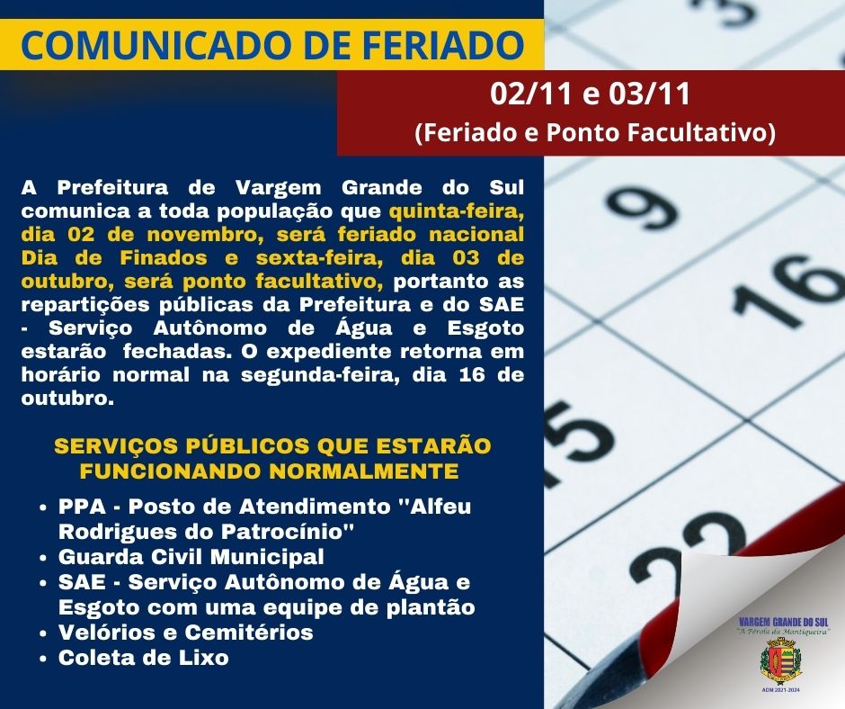 COMUNICADO FERIADO E PONTO FACULTATIVO