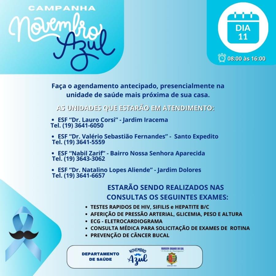 NOVEMBRO AZUL O DEPARTAMENTO DE SAÚDE OFERECE ATENDIMENTO GRATUITO NESTE SÁBADO (11)