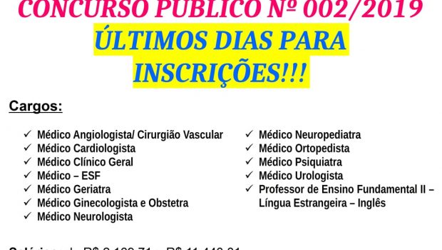 Prazo para inscrições do concurso público nº 002/2019 termina na próxima segunda