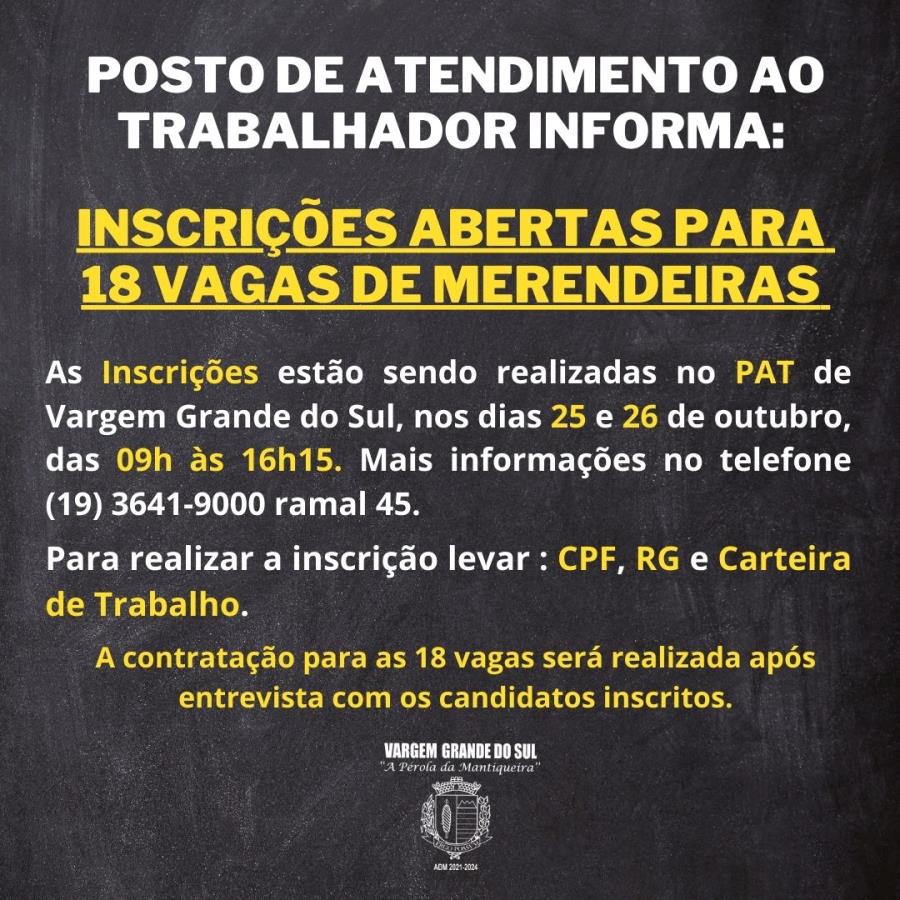 INSCRIÇÕES ABERTAS PARA 18 VAGAS DE MERENDEIRAS