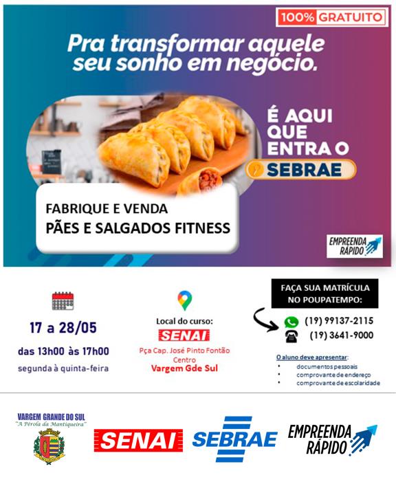CURSO GRATUITO DE FABRICAÇÃO E VENDA DE PÃES E SALGADOS FITNESS