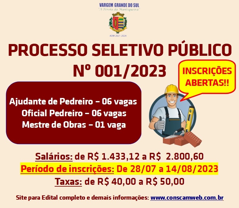 ESTÃO ABERTAS AS INSCRIÇÕES PARA O PROCESSO SELETIVO PARA PEDREIROS