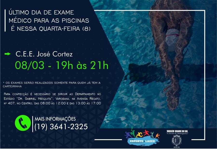 ÚLTIMO DIA DE EXAME MÉDICO PARA AS PISCINAS É NESSA QUARTA-FEIRA (8)