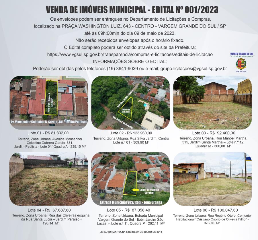 PREFEITURA COLOCA 6 LOTES DE TERRENOS A VENDA ATRAVÉS DE CONCORRÊNCIA MAIOR OFERTA