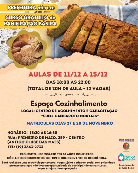 CURSO GRATUITO DE PANIFICAÇÃO BÁSICA ABRE AS INSCRIÇÕES