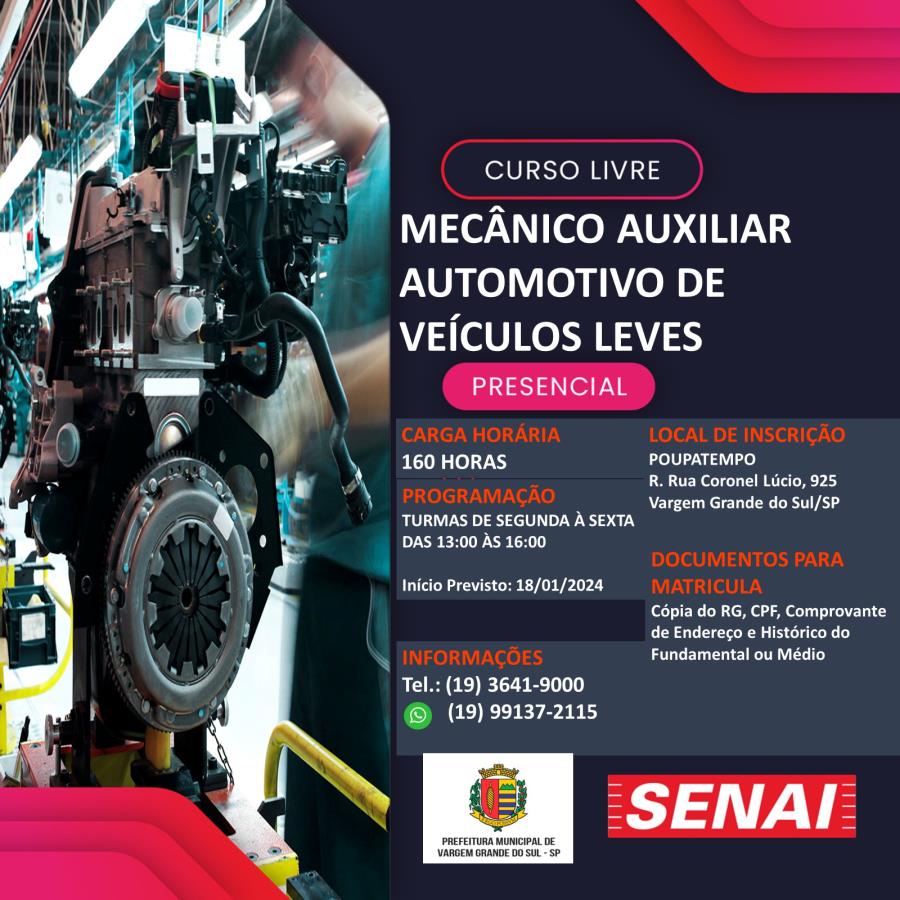 INSCRIÇÕES GRATUITAS PARA O CURSO DE MECÂNICO AUXILIAR
