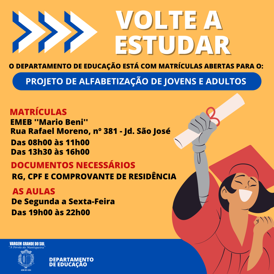 MATRÍCULAS ABERTAS PARA PROJETO DE ALFABETIZAÇÃO DE JOVENS E ADULTOS