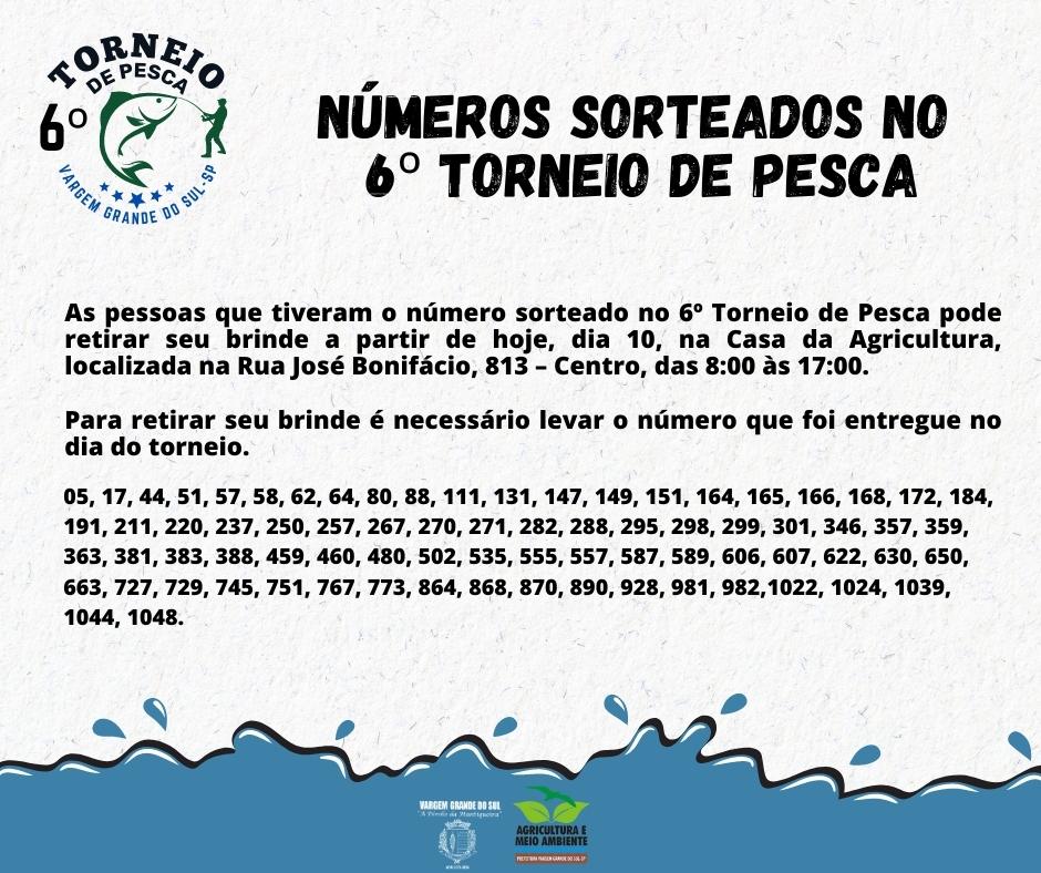 NÚMEROS SORTEADOS NO 6º TORNEIO DE PESCA