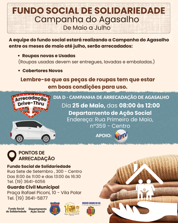 FUNDO SOCIAL DE SOLIDARIEDADE IRÁ REALIZAR CAMPANHA DO AGASALHO DE MAIO A JULHO DE 2024