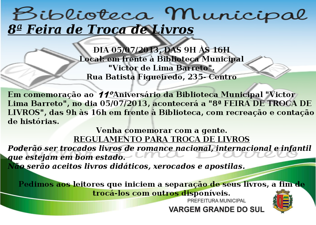 8ª Feira de Troca de Livros será dia 05/07/2013