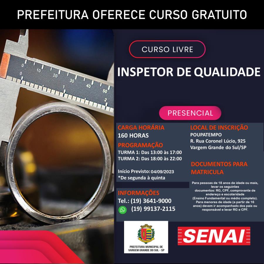 CURSO GRATUITO - INSPETOR DE QUALIDADE