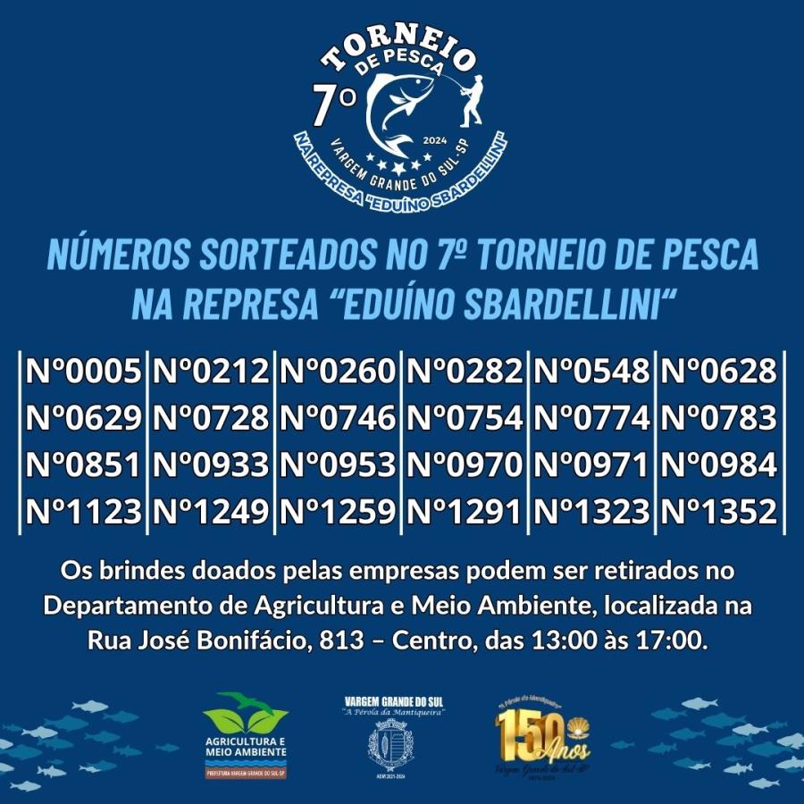 NÚMEROS SORTEADOS NO 7º TORNEIO DE PESCA