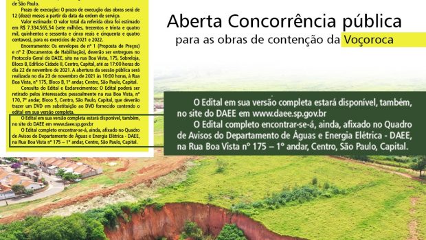 DAEE ABRE LICITAÇÃO PARA CONTENÇÃO E RECUPERAÇÃO DA VOÇOROCA