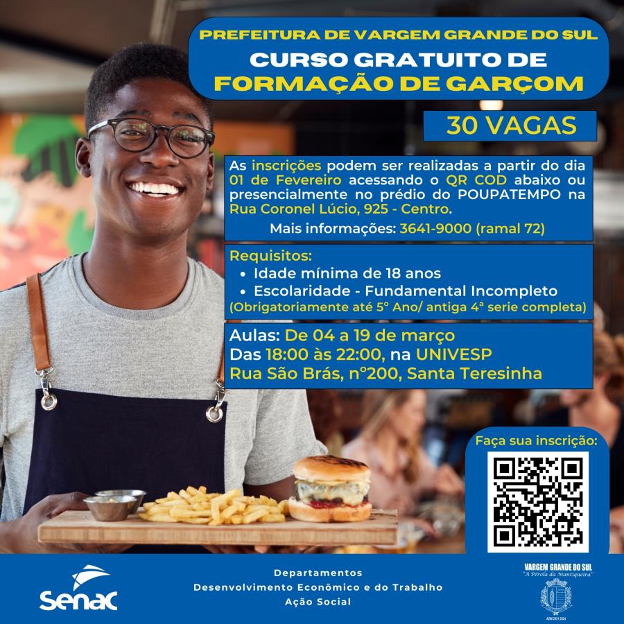 PREFEITURA OFERTA CURSO GRATUITO DE FORMAÇÃO DE GARÇOM