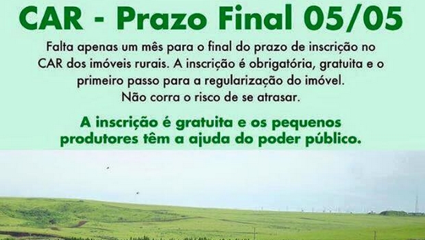 Quinta-feira é o último dia para a realização do Cadastro Ambiental Rural