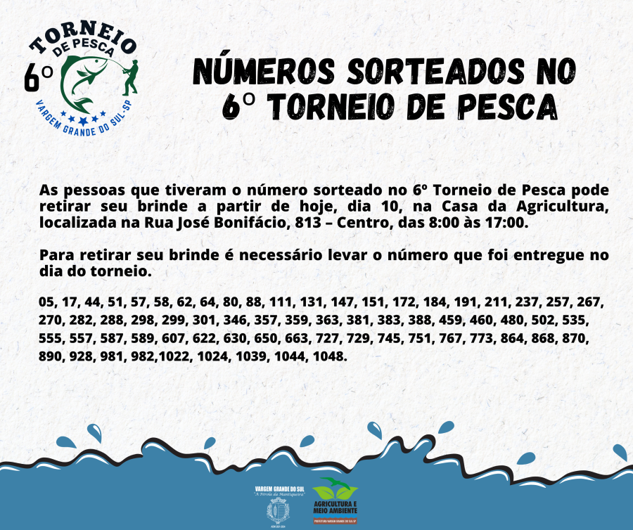 NÚMERO SORTEADOS NO 6º SORTEIO DE PESCA