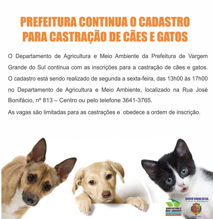 PREFEITURA CONTINUA O CAQDASTRO PARA CASTRAÇÃO DE CÃES E GATOS