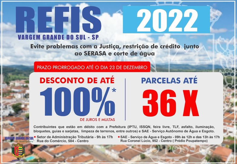 VOCÊ QUE TEM DÉBITOS COM A PREFEITURA E O SAE, A ANISTIA DE JUROS E MULTAS CONTINUA ATÉ 23 DE DEZEMBRO