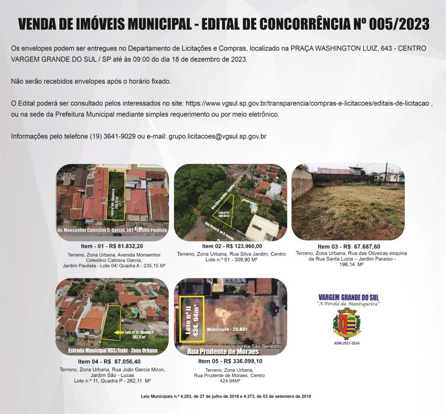 PREFEITURA COLOCA 5 LOTES DE TERRENOS A VENDA ATRAVÉS DE CONCORRÊNCIA MAIOR OFERTA