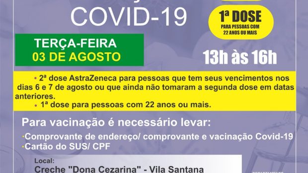 VACINA AMANHÃ CONTRA A COVID-19 2ª DOSE ASTRAZENECA E 1ª DOSE PARA PESSOAS COM 22 ANOS OU MAIS