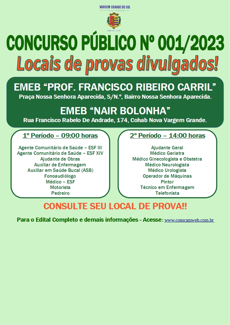 OS LOCAIS DE PROVAS DO CONCURSO PÚBLICO Nº 001/2023 FORAM DIVULGADOS