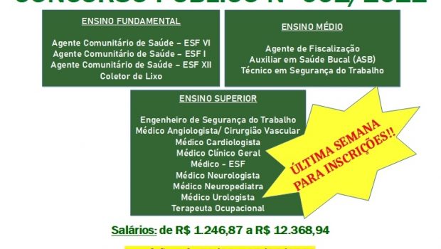 ÚLTIMA SEMANA PARA INSCRIÇÕES DO CONCURSO PÚBLICO Nº 001/2022