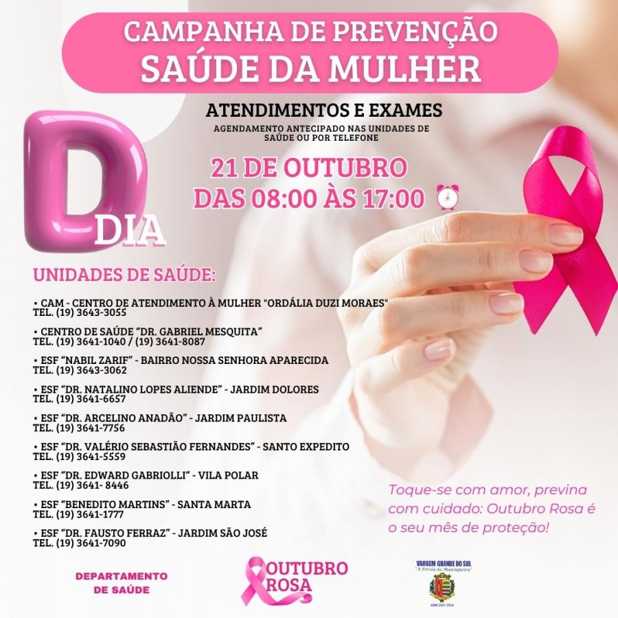 SABÁDO (21) SERÁ REALIZADO O DIA D DA CAMPANHA “OUTUBRO ROSA”