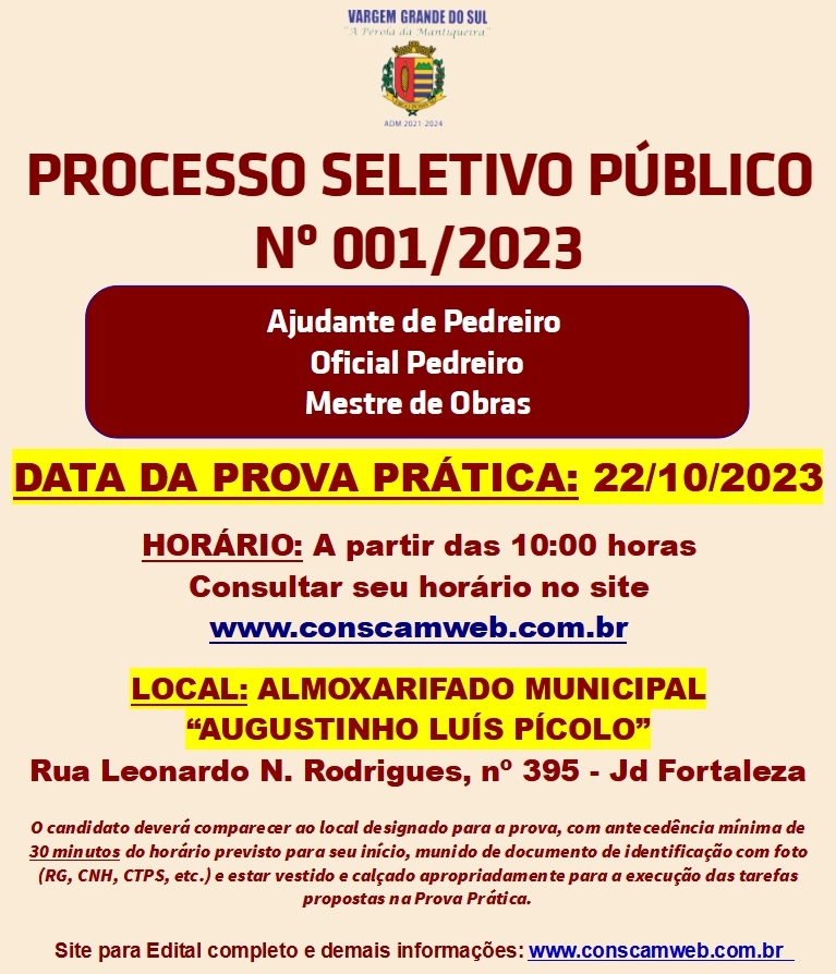 A PROVA PRÁTICA DO PROCESSO SELETIVO PARA PEDREIROS SERÁ NO PRÓXIMO DOMINGO