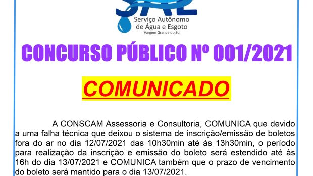 COMUNICADO CONCURSO PÚBLICO Nº 001/2021