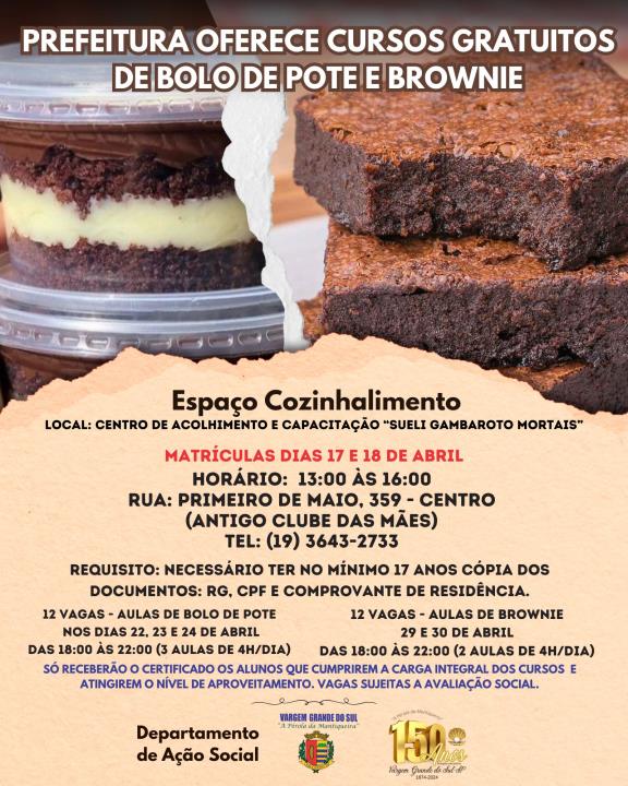 CURSOS GRATUITOS DE BOLO DE POTE E BROWNIE