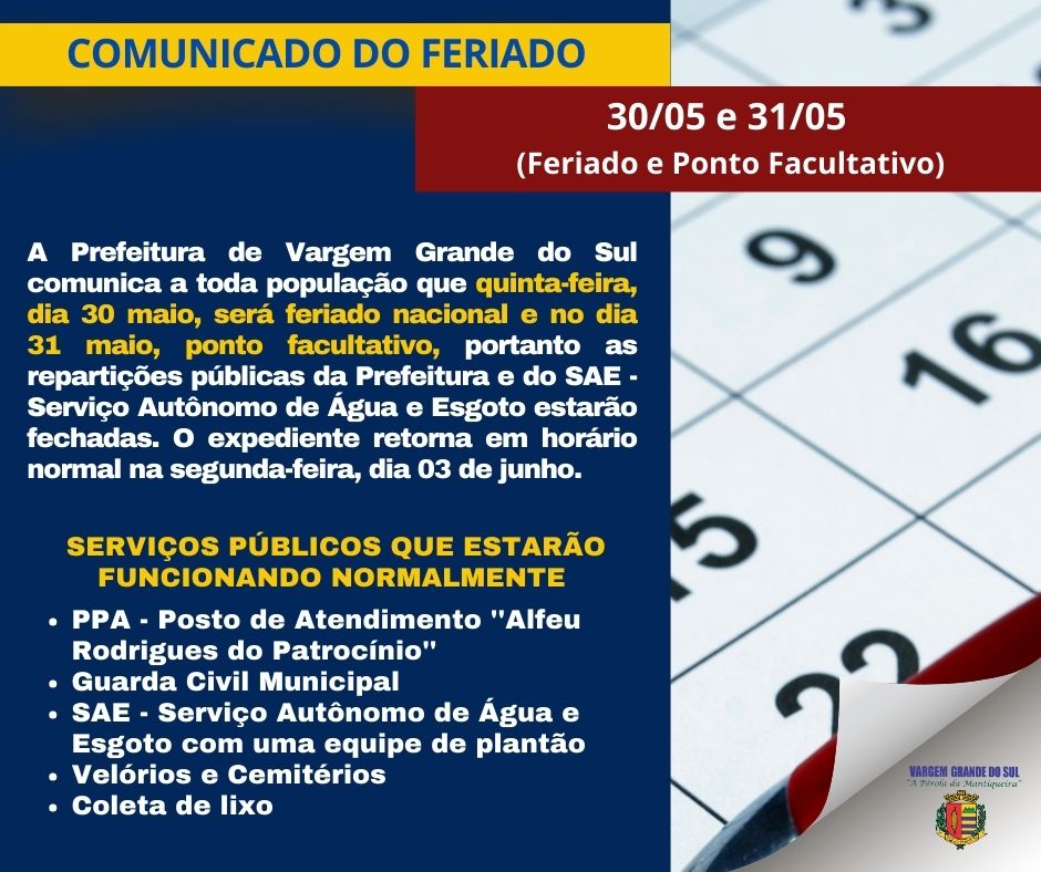 COMUNICADO FERIADO E PONTO FACULTATIVO