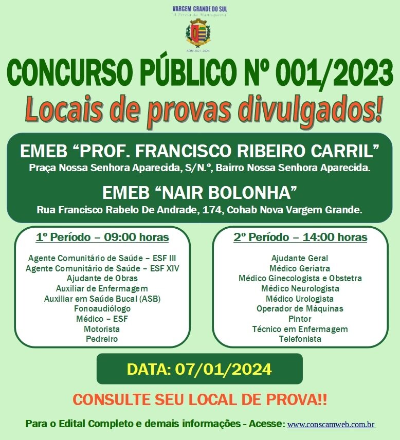 AS PROVAS OBJETIVAS DO CONCURSO PÚBLICO Nº 001/2023 SERÃO NO PRÓXIMO DOMINGO